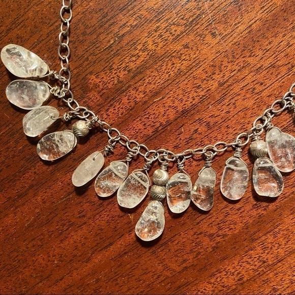 Organic teardrop crystals dangle from carved silver beads along a silver chain. - Picture 4 of 5